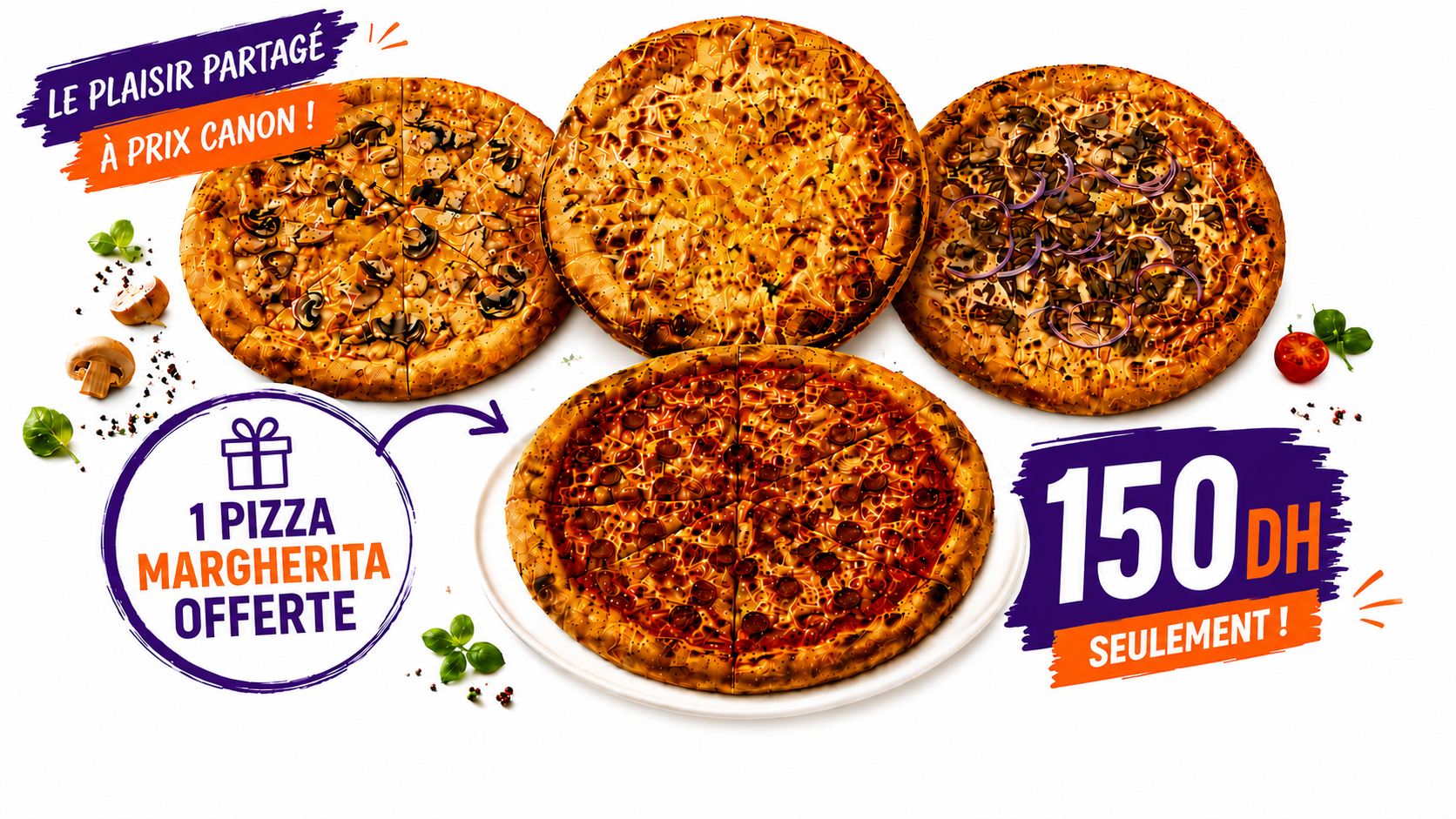 Offre pizza familiale Marrakech 3 pizzas au choix plus 1 pizza Margherita offerte 150 DH