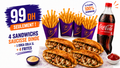 Offre 4 sandwichs saucisse dinde avec 4 frites et Coca Cola 1 litre à 99 DH Marrakech