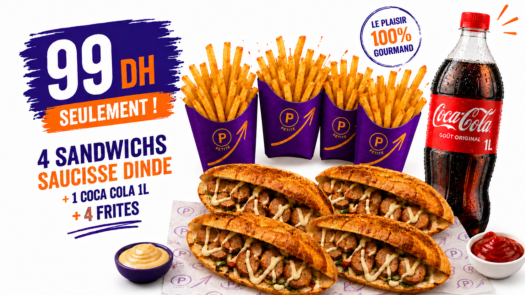 Offre 4 sandwichs saucisse dinde avec 4 frites et Coca Cola 1 litre à 99 DH Marrakech